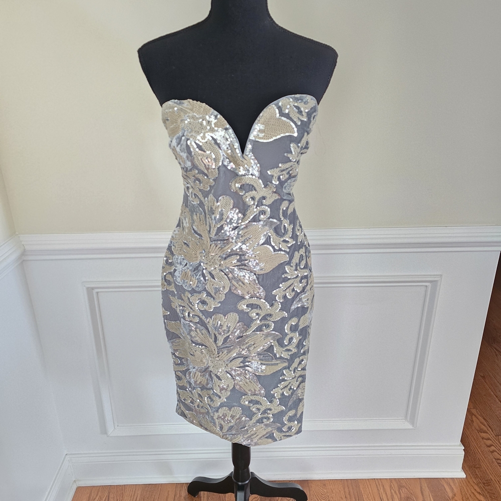 Fashion Nova Strapless Silver Dress with Gold Sequin Floral Appliqué